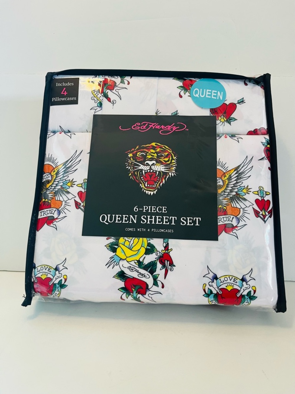 Ed Hardy White Queen Sheet Set Love Kills Slowly Heart Sword Yellow Rose Eagle